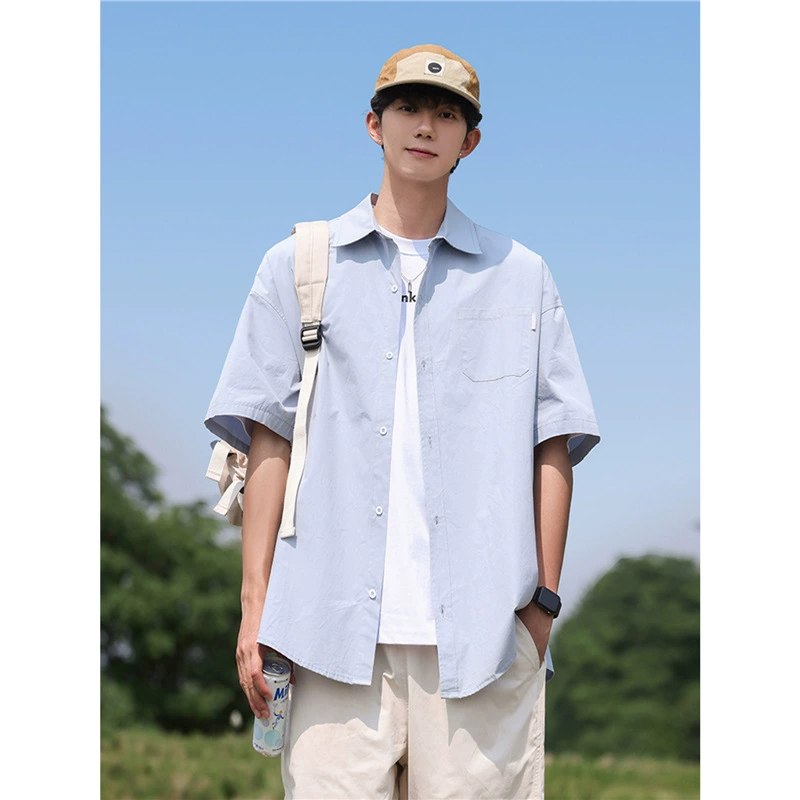 Однотонная мужская рубашка с короткими рукавами в японском стиле, модный бренд, молодежная свободная повседневная универсальная куртка-рубашка с половиной рукава
