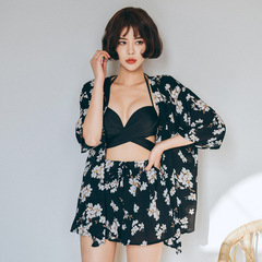 韓國鋼托聚攏大小胸比基尼泳衣女 分體泳裝四件套黑色花朵泡溫泉