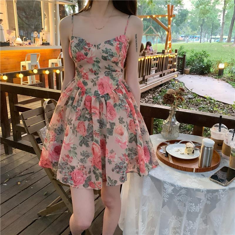 Floral Print Sundress High Waisted a Line Skirt French Inspired Petite Women Fairy like Style Perfect for Spring And Summer_ecoleips.com