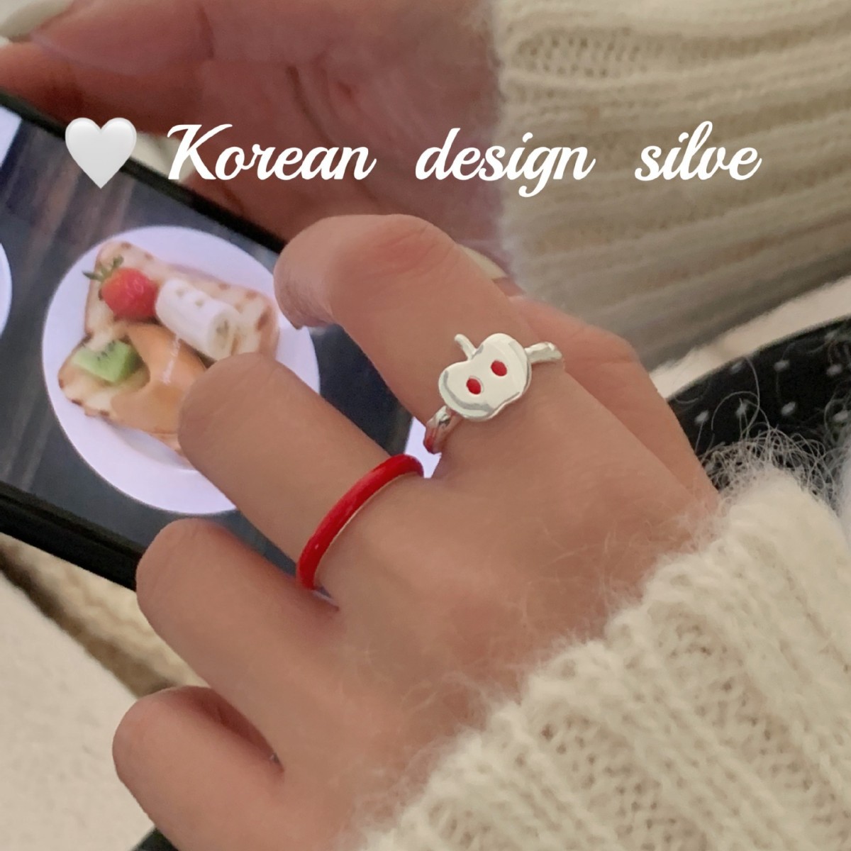 韓版亮銀時尚飾品 S925純銀小眾設計滴釉蘋果戒指可調節女款指環