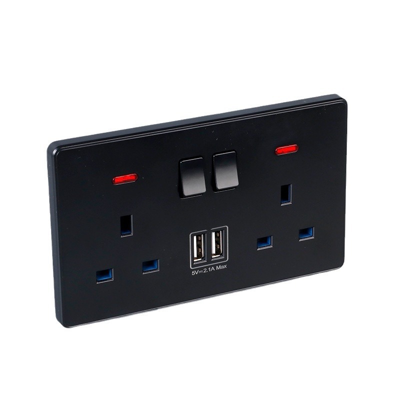 Estándar británico negro doble USB de Hong Kong 13a panel de zócalo USB de tres agujeros 146 interruptor eléctrico suministro directo transfronterizo