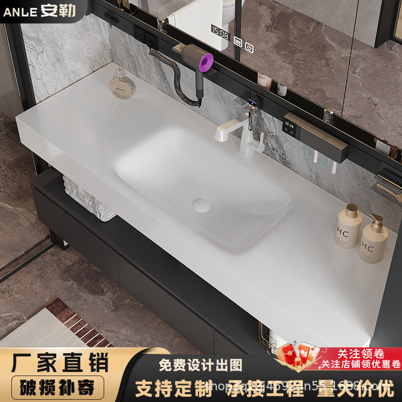 Italian minimalist bathroom cabinet set with rock slab hot-bent integrated basin for hotel washbasin Italian minimalist bathroom cabinet set with rock slab hot-bent integrated basin for hotel washbasin