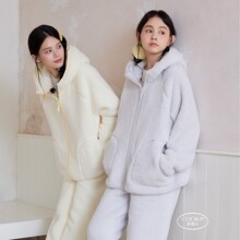 902珂希卡暖绒睡衣女冬新款加绒加厚连帽保暖家居服纯色外穿套装