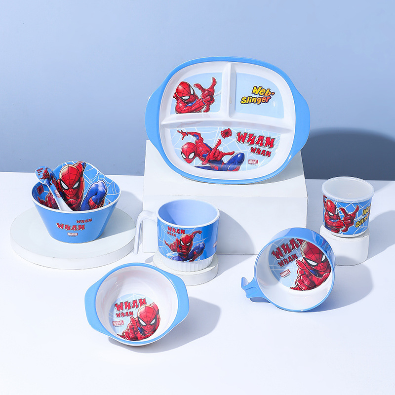 Disney Spider-Man Children's Tableware Divided Plate, Bowl, Spoon, Handle Bowl, Water Cup, Shatter-Resistant Melamine Resin Tableware