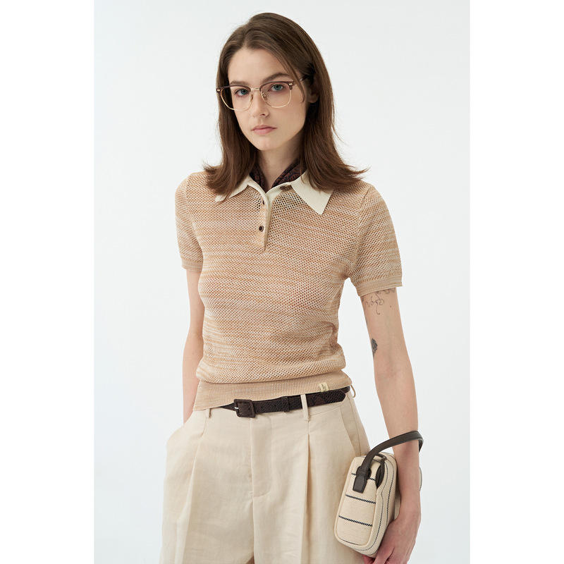 Comos Cms Contrasting Color Airy Casual Short-Sleeved Polo Knitwear Women's Summer Work Clothing Top 258527