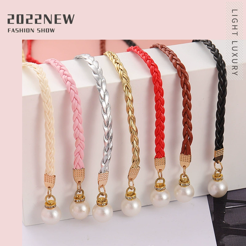 Женское модное Тканое платье с завязанной на талии цепочкой с простым декоративным жемчугом на тонкой талии с цепочкой из кожи на талии