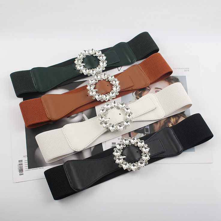 Fashion All-match Rhinestone Elastic Belt Women's Wide Decorative Shirt Dress Suit Waist Seal Belt Black