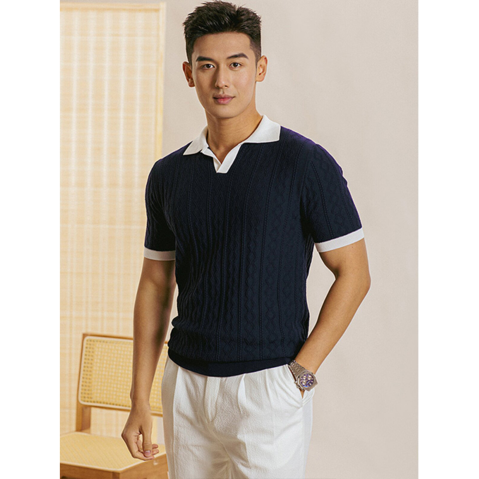 Polo camiseta de punto camiseta de manga corta hombre cuello en V cuello gaviota color de textura vieja camiseta de viento de verano fábrica transfronteriza al por mayor image 3