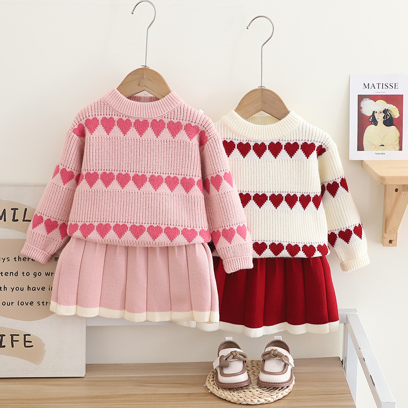 Girls' Sweater Western Love Jacquard Knitted Two Piece Set Autumn/Winter New Girl Korean Edition Pullover Skirt_voghion.com
