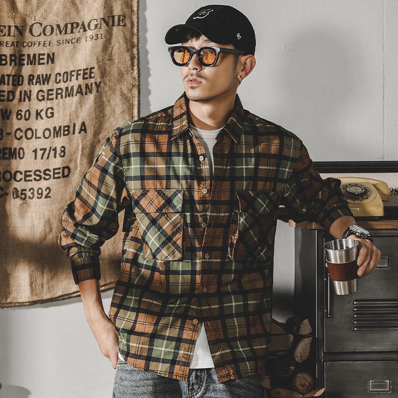 American Retro Heavy Workwear Shirt Men's Long Sleeve 2022 New Plaid Shirt Men's Casual Jacket Men's Autumn