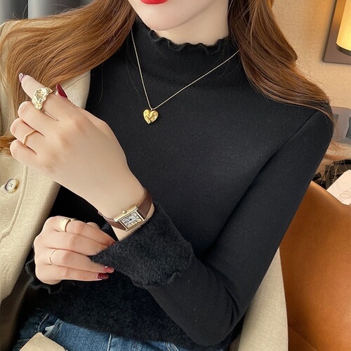 Women's new one-piece fleece sweater 2024 half turtleneck fungus edge autumn and winter bottoming shirt with knitted pullover top trendy