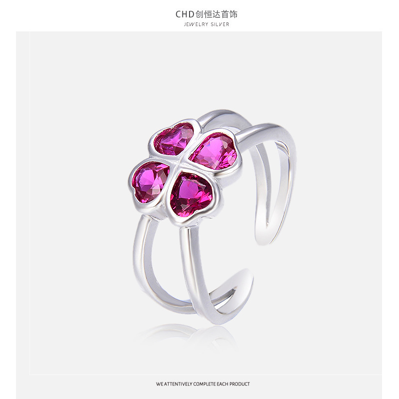 Moda coreana temperamento dulce anillo de cuatro hojas damas s925 plata abierto ajustable anillo de flores anillo índice
