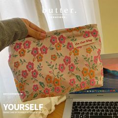 Calla Lily Retro Contrast Color Cosmetic Bag Concave-Convex Texture Double-layer Jacquard Liner Bag Large Capacity Canvas Storage Bag for Women