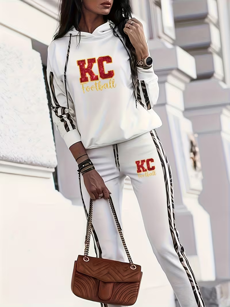 Women's Casual KC Logo Print Hooded Long Sleeve Sweatshirt And Jogging Pants Set Loose Fitting Comfortable 0051 Print_ecoleips.com