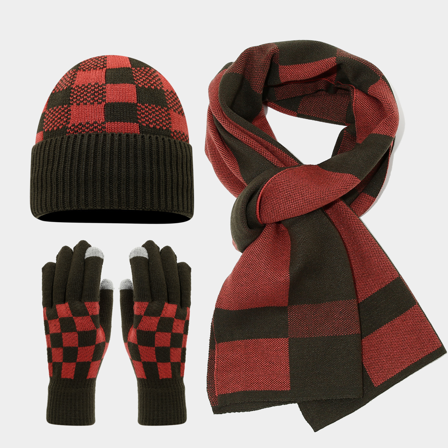 Tablero de ajedrez de malla de lana sombrero bufandas guantes set coreano invierno al aire libre para hombres y mujeres set de calor frío image 1
