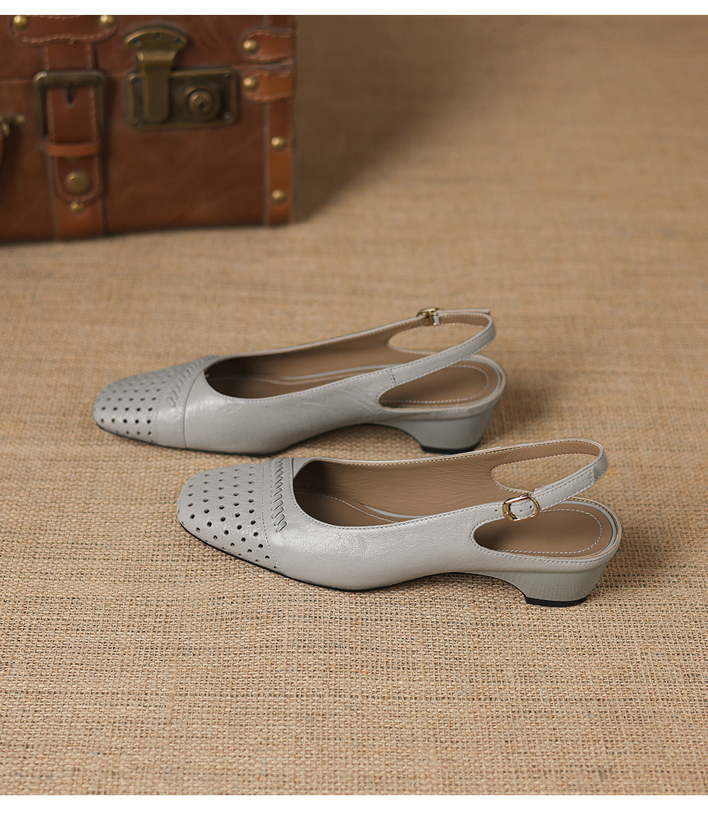 Sandal nữ gót thấp 3.5 cm mũi kín quai ngang khóa một chữ — Sương mù xanh chi tiết 16