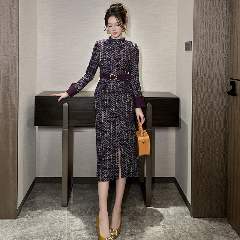 French-style exquisite tweed long dress with stand-up collar, double-breasted buttons, contrasting colors, slim fit, and slimming effect, long dress 11490 French-style exquisite tweed long dress with stand-up collar, double-breasted buttons, contrasting colors, slim fit, and slimming effect, long dress 11490