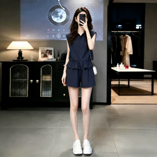 欧货休闲运动套装女2025夏季新款时尚洋气翻领无袖衬衫短裤两件套