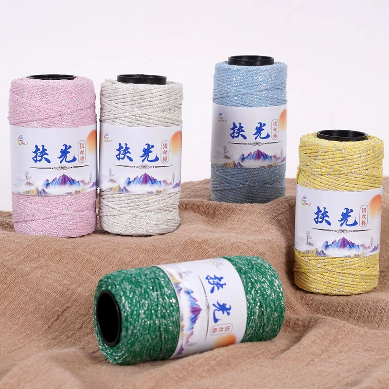 Круглая серебряная блестящая полая хлопковая пряжа средней толщины из хлопка и льна ручной работы для вязания крючком, материал сумки для шапки, полый.