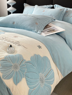 2024 New Winter Warm Milk Velvet Embroider Four-Piece Coral Velvet Bed Sheetss Thickeneded French Velvet Quilt Cover Bedding