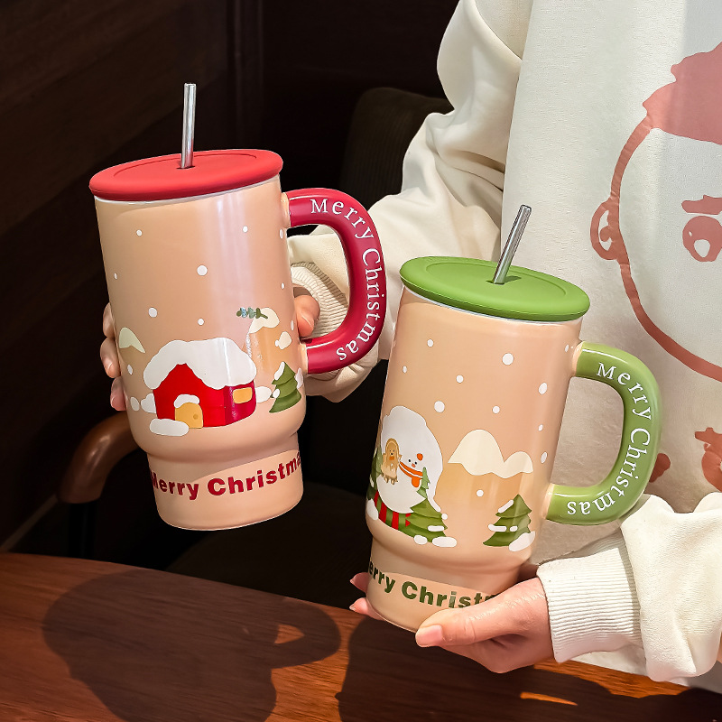 Regalos de Navidad de gran capacidad de tazas de cerámica tazas creativas lindas tazas de paja tazas de pareja regalos de mano para niños image 3