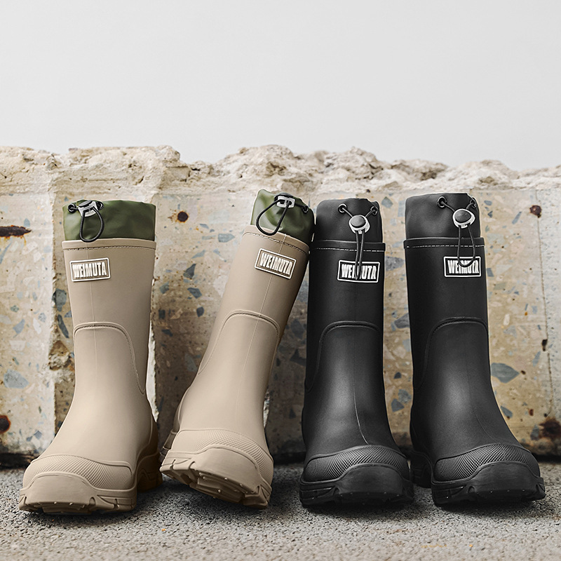 High-Quality Cross-Border Couple's Mid-Calf Rain Boots with Drawstring, Waterproof Rain Shoes, Outdoor Water Shoes with Thick Soles, Non-Slip Kitchen Rubber Shoes
