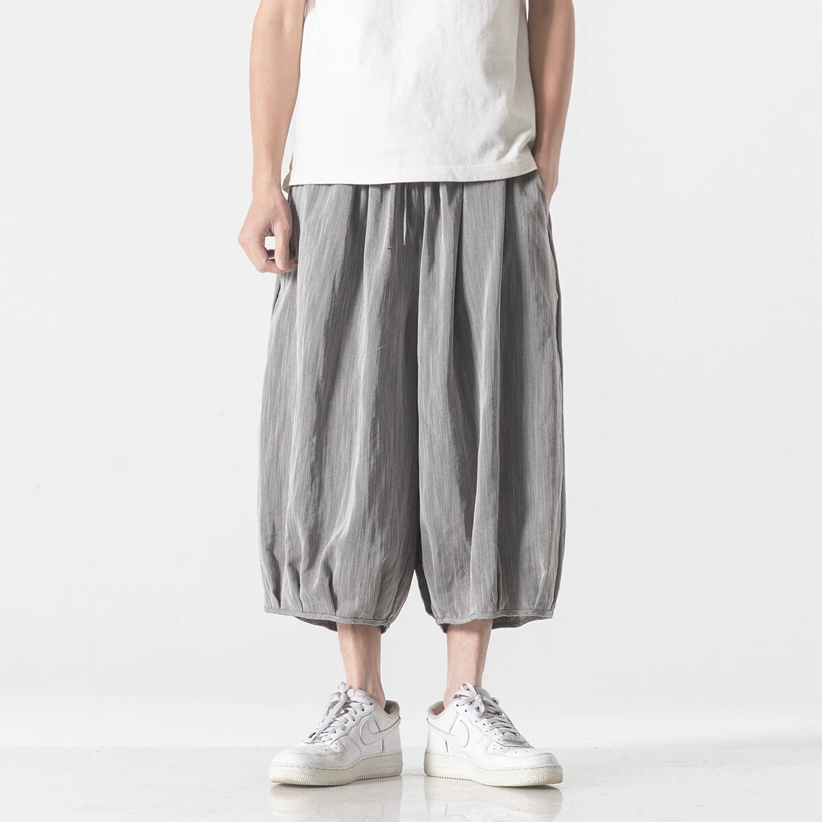 2025 летняя гавань 7 укороченных брюки свободные большие размеры Китайский стиль ледяной шелк прямые широкие брюки и песок для волос