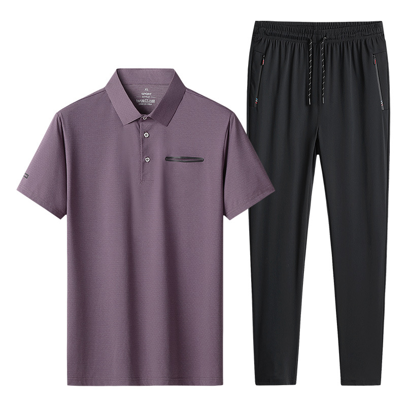 Conjunto de dos piezas de camisa polo de seda helada para hombre, ideal para el verano, estilo casual de negocios para hombres de mediana edad y mayores, con solapa y manga corta, de secado rápido. image 8