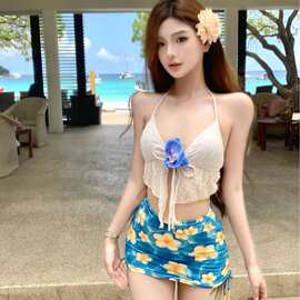 ins风甜美纯欲风分体裙式比基尼三件套泳衣鸡蛋花可爱泡温泉度假