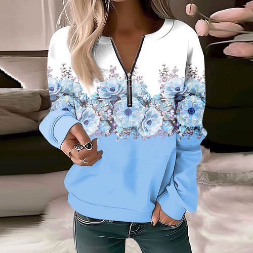 Wholesale European and American Women's Printed V-Neck Long-Sleeve Loose-Fit Zip-Up Sweater