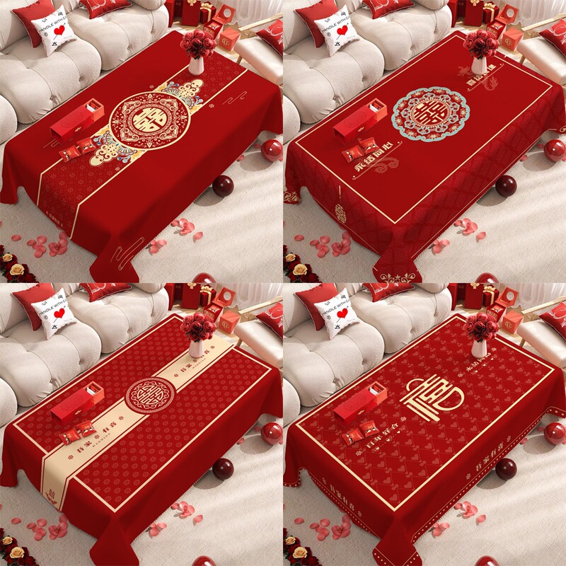 New red tablecloth, perfect for living room coffee tables, ideal for engagement and wedding decorations, creating a beautiful atmosphere, and a must-have for wedding supplies