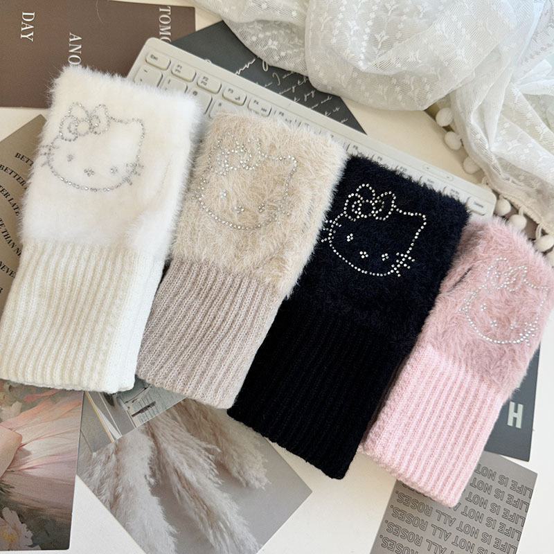 可爱kitty猫猫毛绒半指手套女冬季加厚保暖骑行学生写字护腕手套