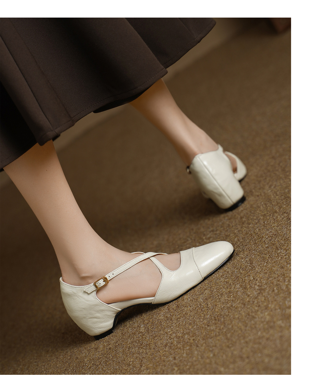 Giày sandal cao gót nữ quai ngang mũi nhọn da dê, gót vuông ổn định — đen chi tiết 14