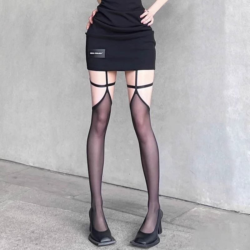 Hot Girl Black Stockings Sexy Suspender All-In-One Stockings Spring and Summer Thin Pure Lust Leg Ring Stockings Half Stockings Thigh Socks