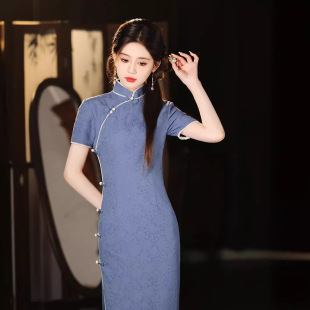 Tang Attachment 2025 Summer New Cotton Linen Jacquard Double Layer Cheongsam Mid-length Daily Slim-fit Improved Girl Cheongsam Dress