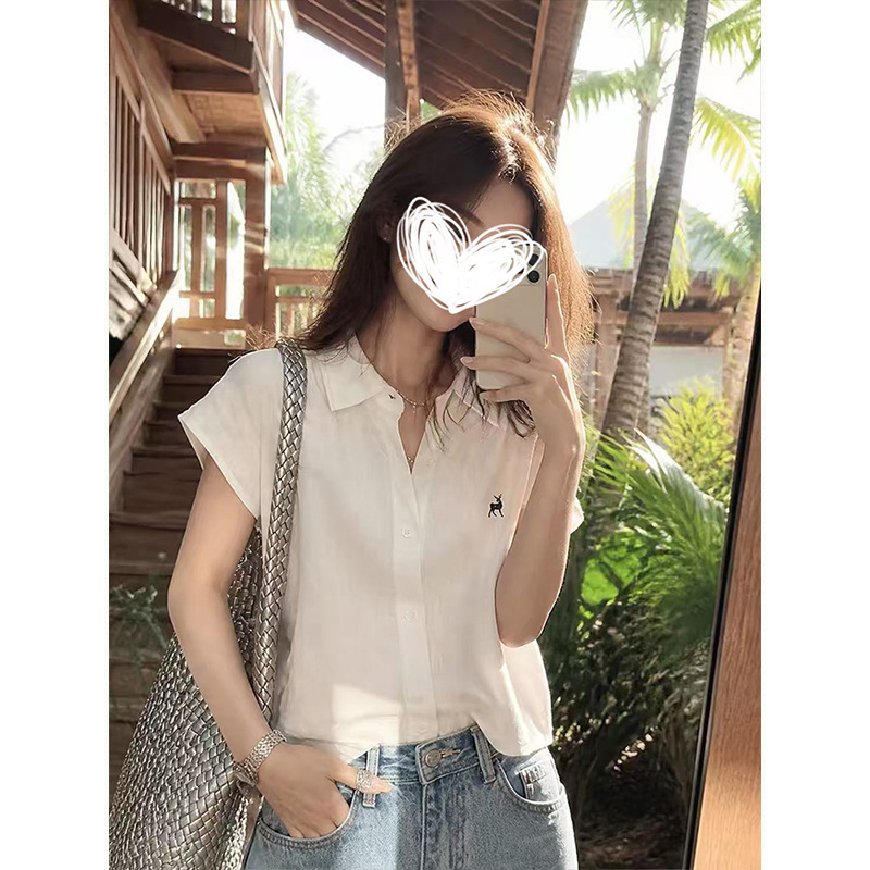 Oxygen Sense~Fashionable and Simple Lapel Embroidered Short-Sleeve Shirt in Old Money Style Lyocell Top