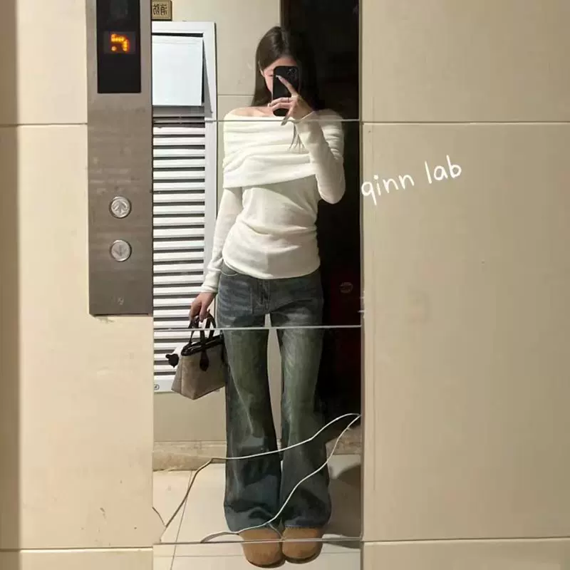 White long-sleeve, spring knitted sweater, open shoulders, 2025 years