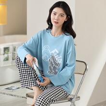 睡衣女士春秋季仿棉长袖秋冬天甜美宽松休闲圆领可外穿家居服套装