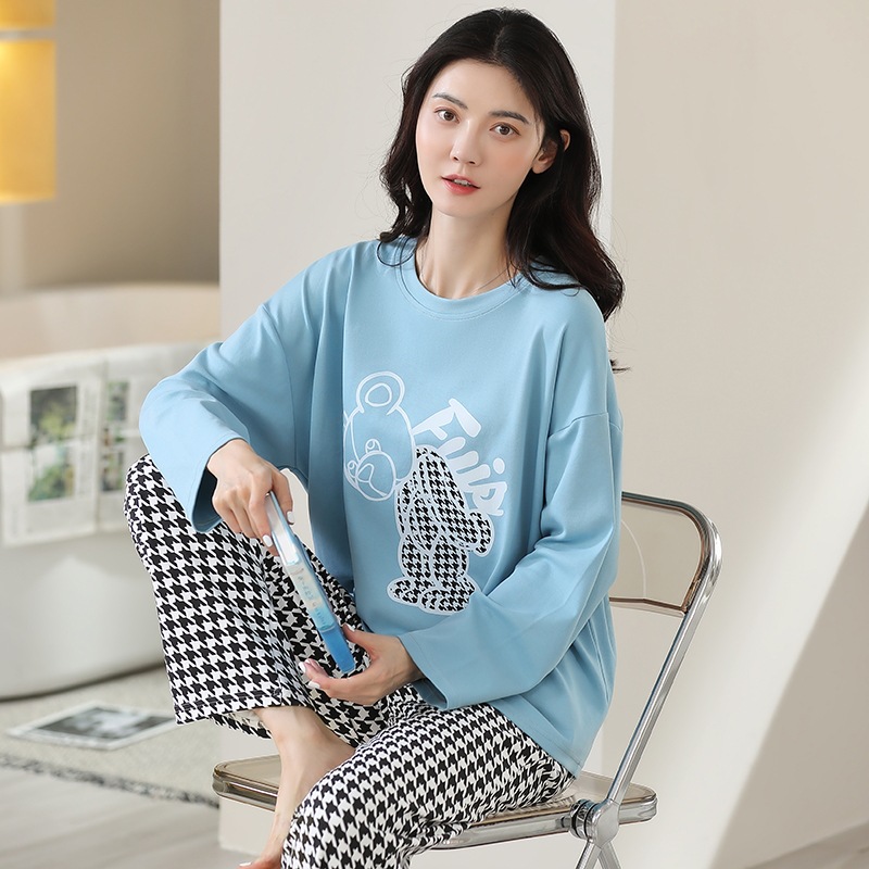 睡衣女士春秋季仿棉长袖秋冬天甜美宽松休闲圆领可外穿家居服套装
