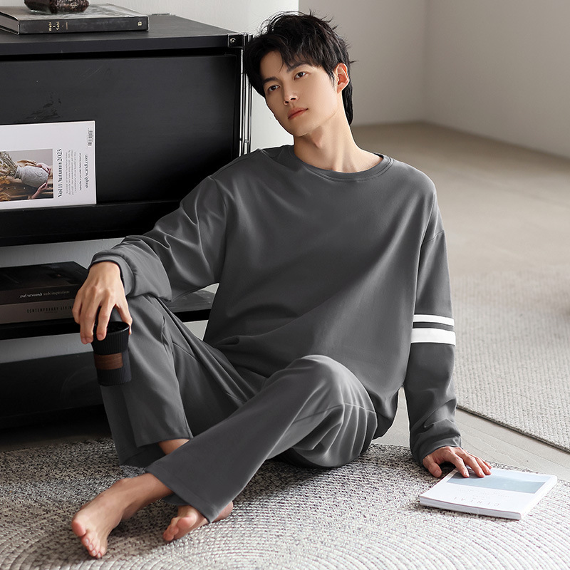 2026 New Cross-Border Spring and Autumn Men's Pajamas, Imitation Cotton, Loose Casual Solid Color Large Size Home Wear Set Wholesale