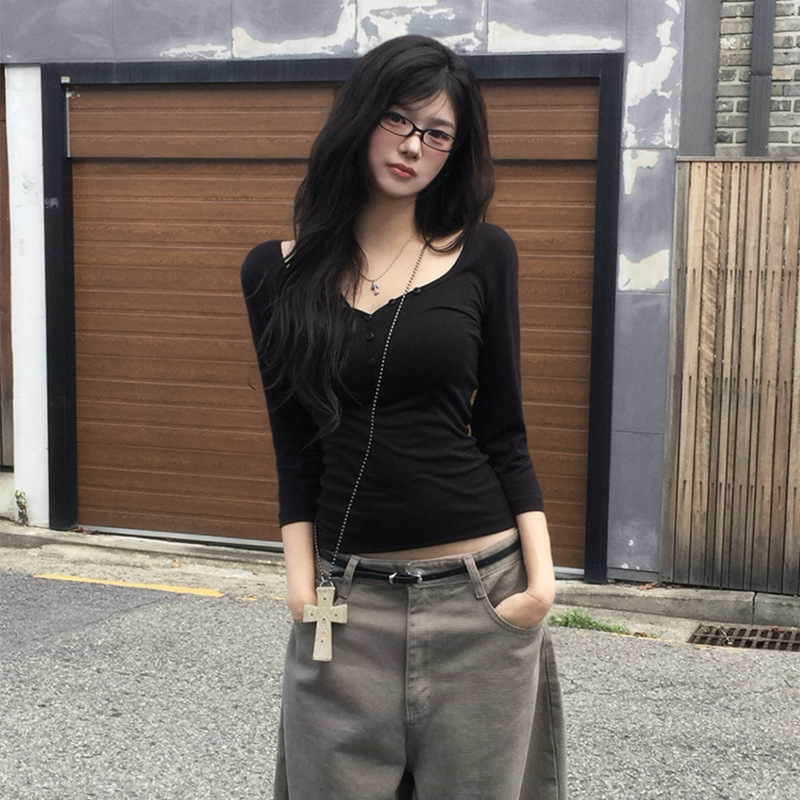 欧美ins风女装秋季新款U字领中袖修身显瘦时尚百搭打底衫T恤上衣