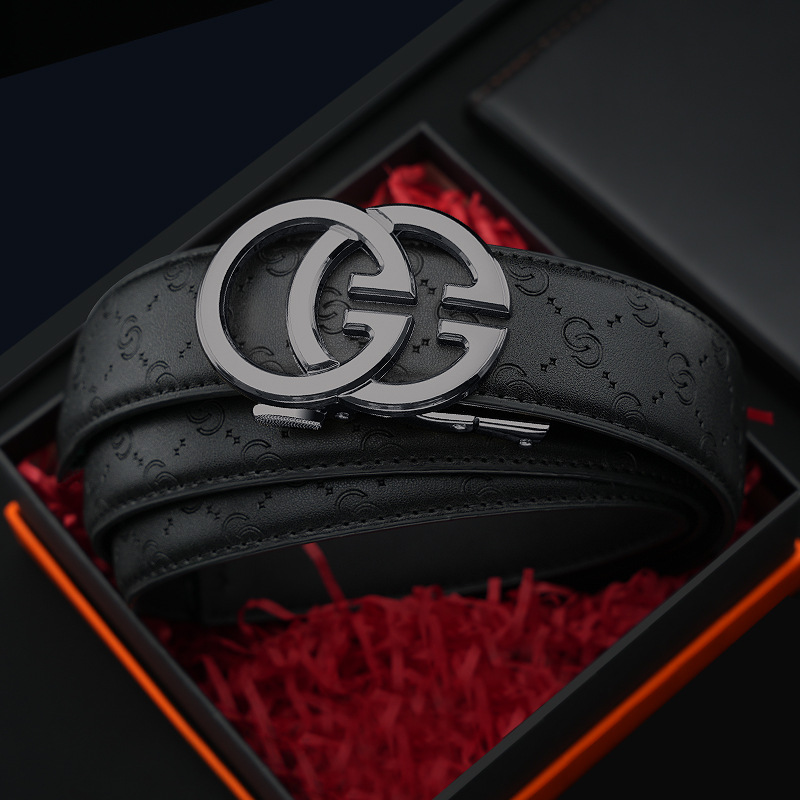 Caja de regalo de madera maciza para hombres cinturón de hebilla automático versátil casual regalo de lujo ligero cinturón de piel de vaca de dos capas entrega de una pieza