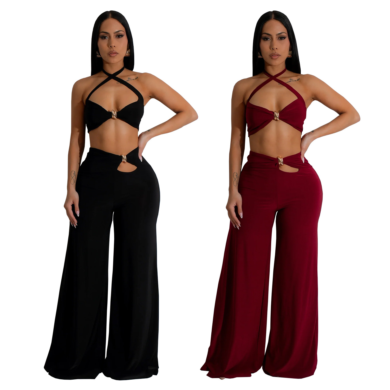 C7236 Aliexpress transfronterizo Amazon Europa y América ropa de moda de mujer de color sólido sexy pantalones de pecho de dos piezas nuevos