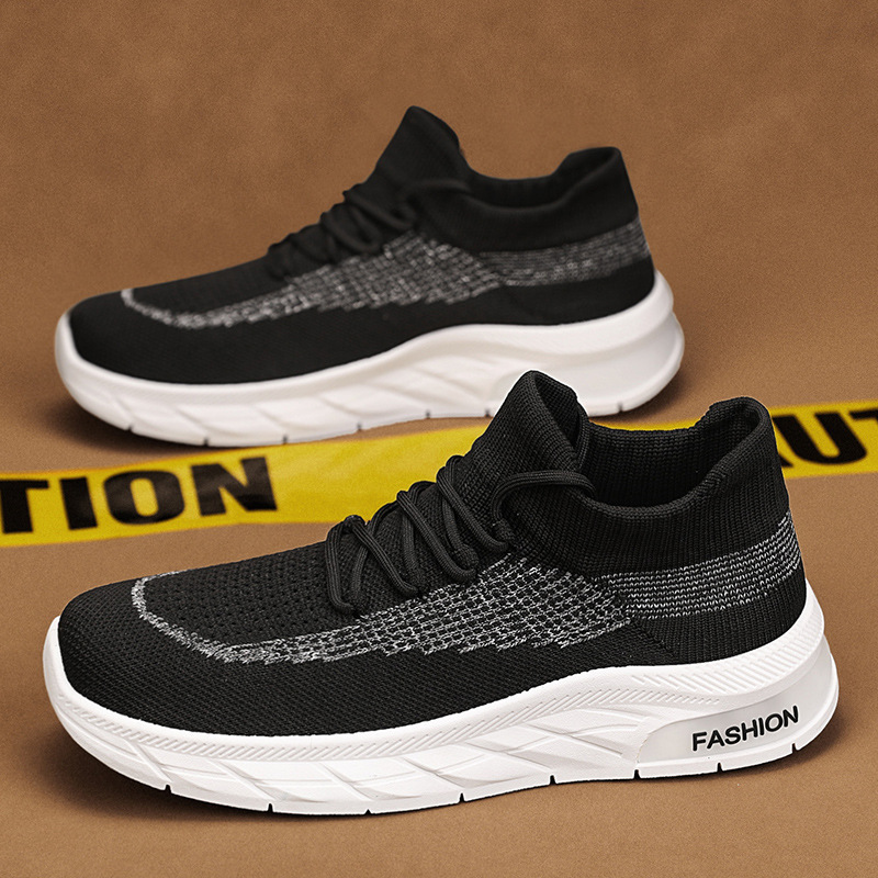 2024 Spring Fly Knitted Socks Lace-Up Sports Shoes Daily Running Breathable and Plaid Teenage Student Men's Shoes
