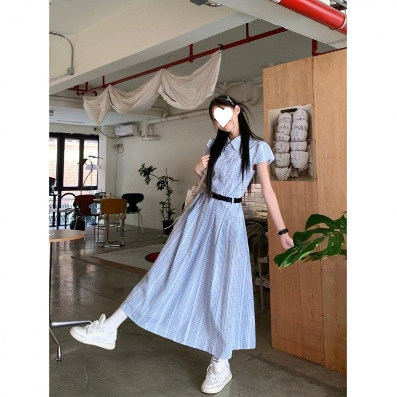 法式蓝色条纹衬衫连衣裙子女装2025夏季新款收腰显瘦气质a字长裙