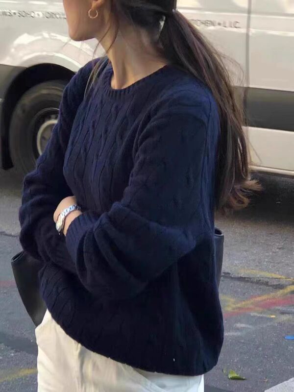 女式圆领纯羊毛长袖内搭纯色扭花设计打底衫秋冬新款亲肤套头毛衣|undefined