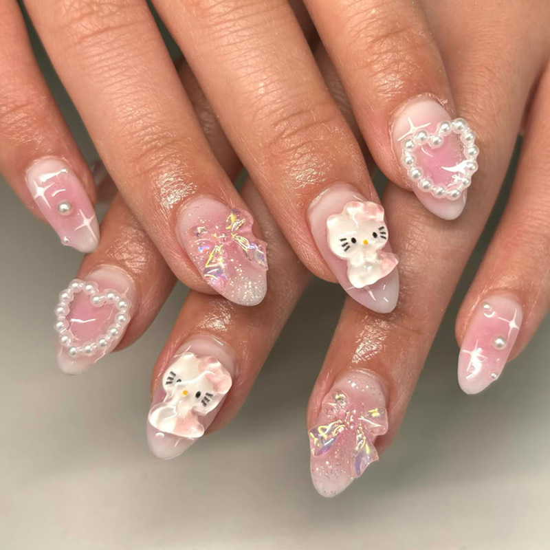Japanese-Style Sweet Wearable Nails, Cross-Border Best-Selling Wearable Fake Nails, Blush, Bow, Heart-Shaped Nail Art Nail Pieces