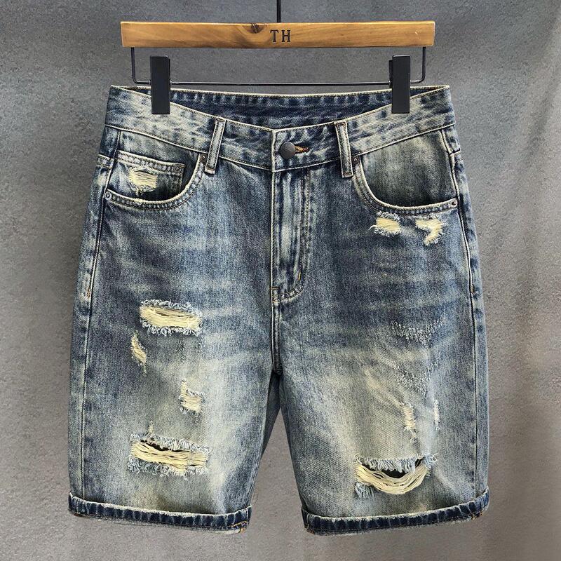 Hong Kong-style cotton-feel vintage washed distressed denim shorts for men, summer thin straight-leg five-point shorts