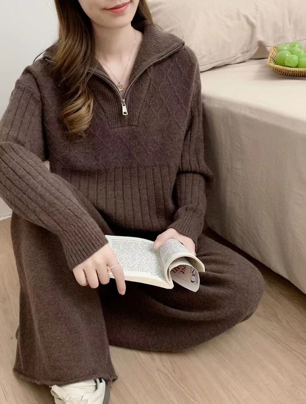 ファッション高級感セーターセット女性秋冬怠惰風ジッパー立襟ニット高腰ワイドパンツ2点セット|undefined