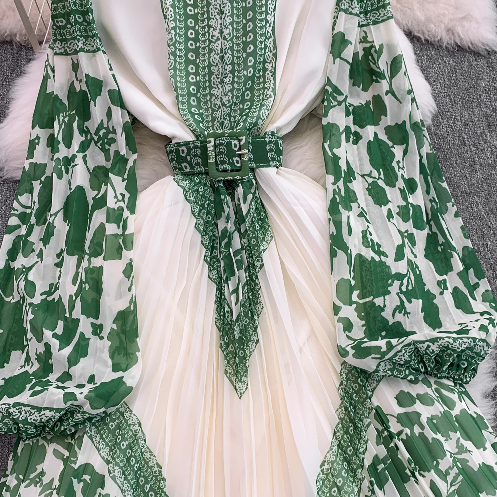 Retro Printed Dress With Stand Collar And Lantern Sleeves_voghion.com